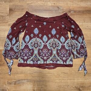 Jaase Burgundy Floral Off-Shoulder Blouse Medium Boho